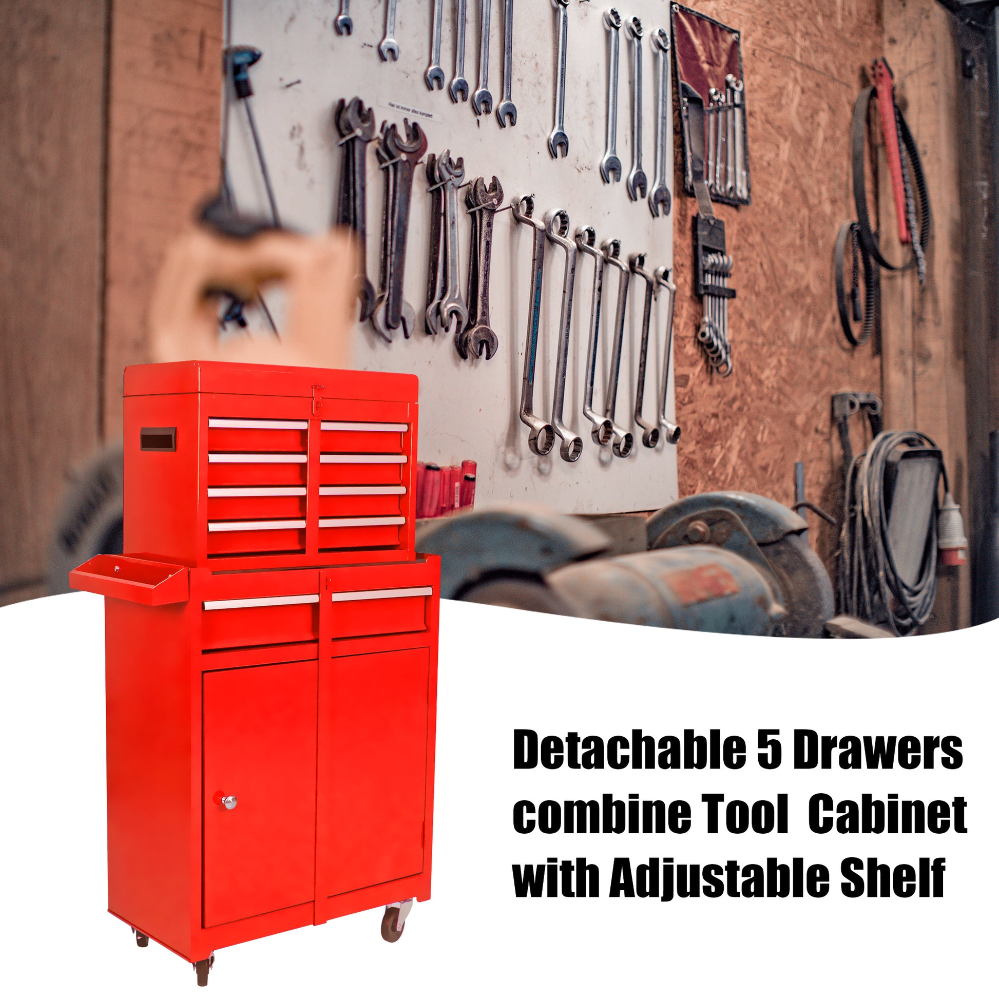 Detachable 5 Drawer Tool Chest with Bottom Cabinet and One Adjustable Shelf--Red