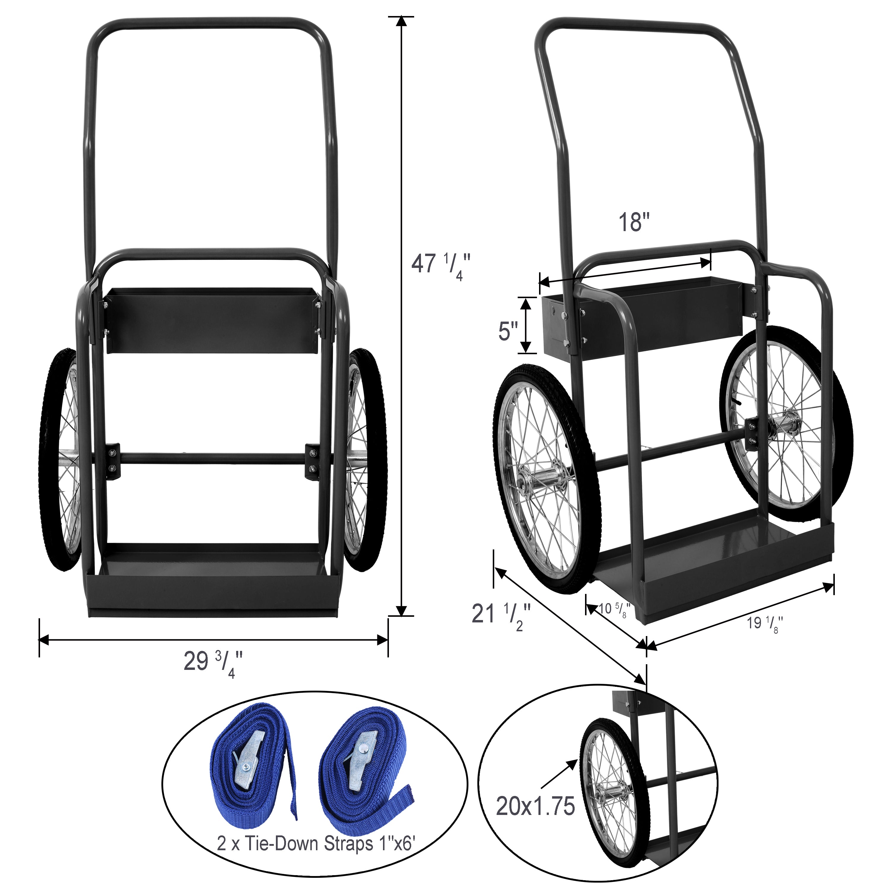 Large Dual Oxygen Tank Cart Dolly Double Cylinder Cart, 20" pneumatic Wheels Includes two fastening belts ,black