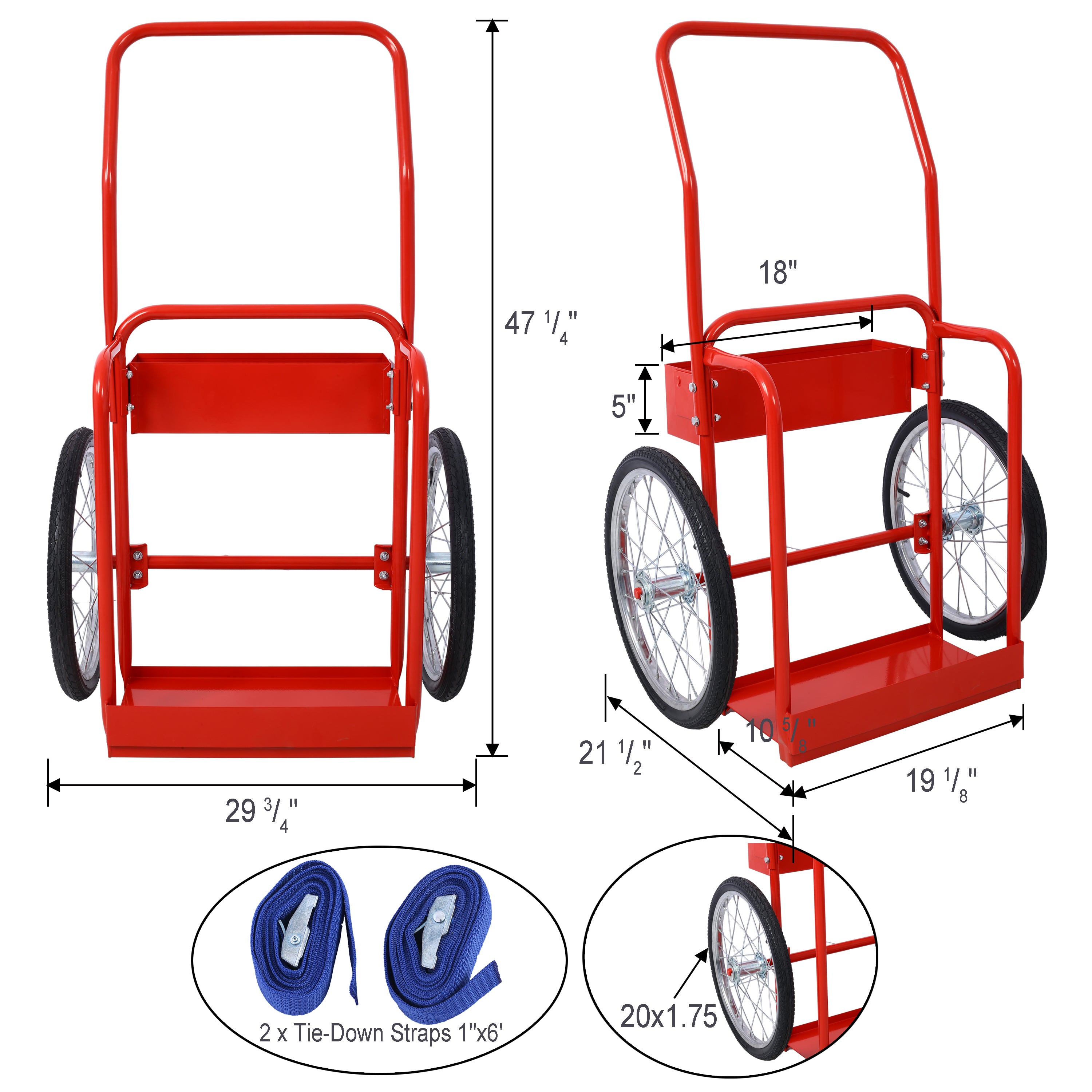 Large Dual Oxygen Tank Cart Dolly Double Cylinder Cart, 20"  pneumatic Wheels Includes two fastening belts
