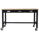 60in Work Bench, Workbench with Drawer Storage, Heavy Duty Bamboo Wood Work Table with Wheels for Garage Home Office