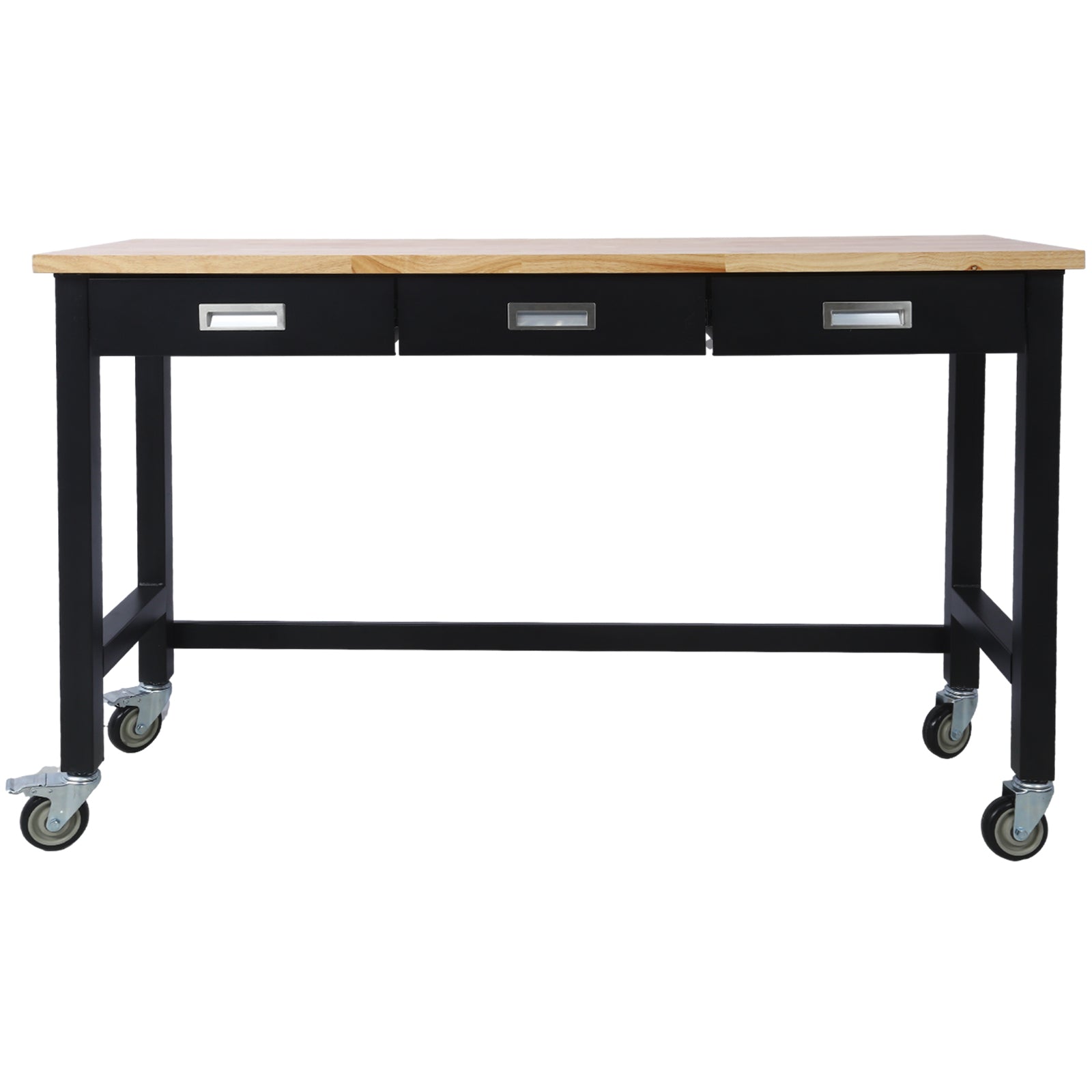 60in Work Bench, Workbench with Drawer Storage, Heavy Duty Bamboo Wood Work Table with Wheels for Garage Home Office