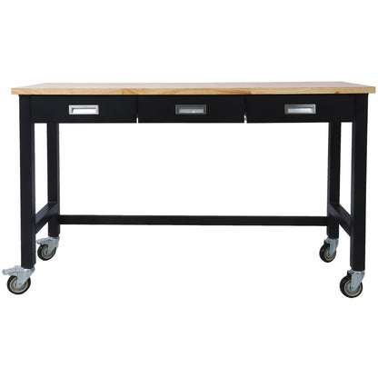 60in Work Bench, Workbench with Drawer Storage, Heavy Duty Bamboo Wood Work Table with Wheels for Garage Home Office