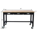 60in Work Bench, Workbench with Drawer Storage, Heavy Duty Bamboo Wood Work Table with Wheels for Garage Home Office