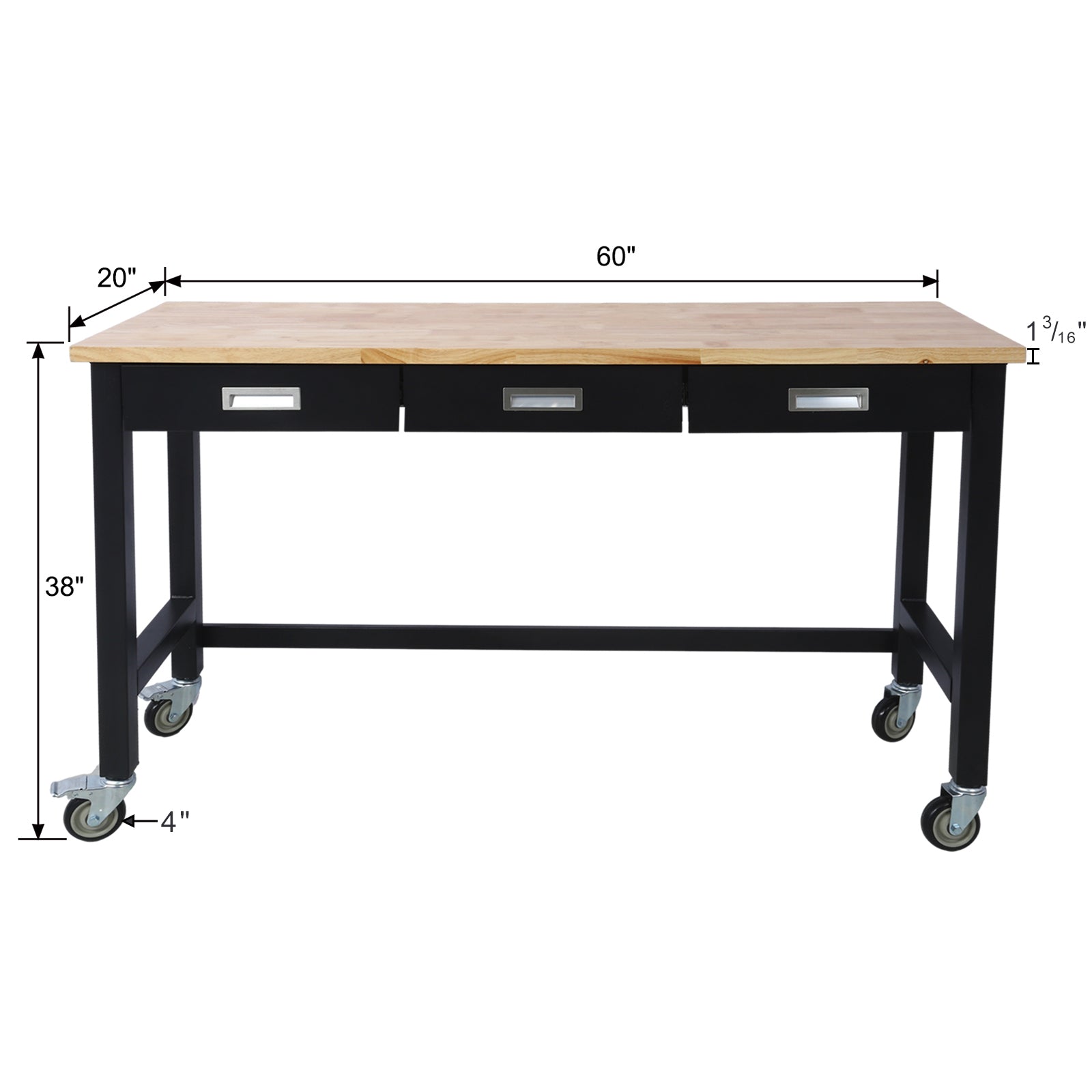 60in Work Bench, Workbench with Drawer Storage, Heavy Duty Bamboo Wood Work Table with Wheels for Garage Home Office