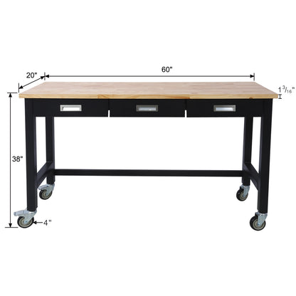 60in Work Bench, Workbench with Drawer Storage, Heavy Duty Bamboo Wood Work Table with Wheels for Garage Home Office