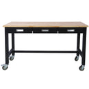 60in Work Bench, Workbench with Drawer Storage, Heavy Duty Bamboo Wood Work Table with Wheels for Garage Home Office