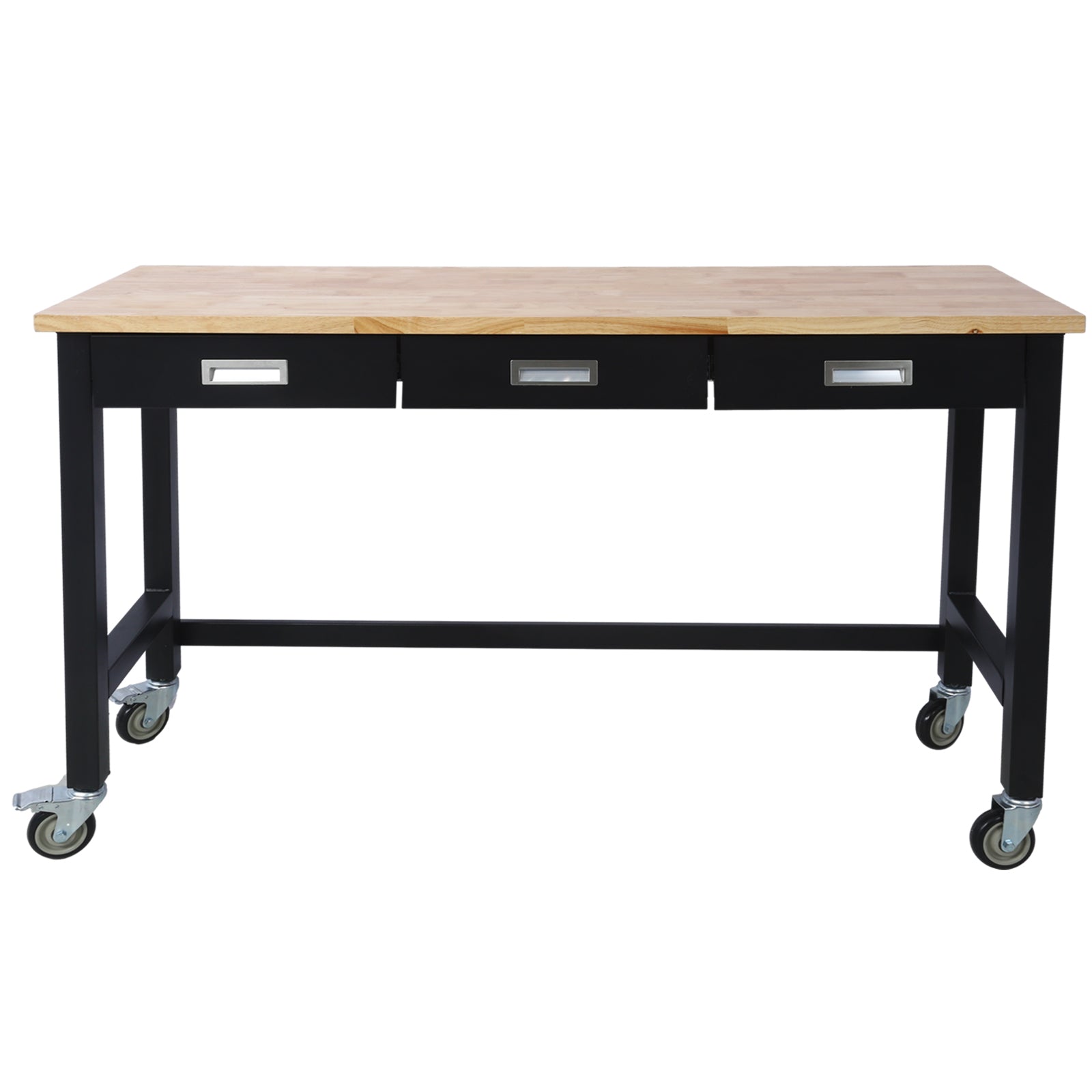 60in Work Bench, Workbench with Drawer Storage, Heavy Duty Bamboo Wood Work Table with Wheels for Garage Home Office