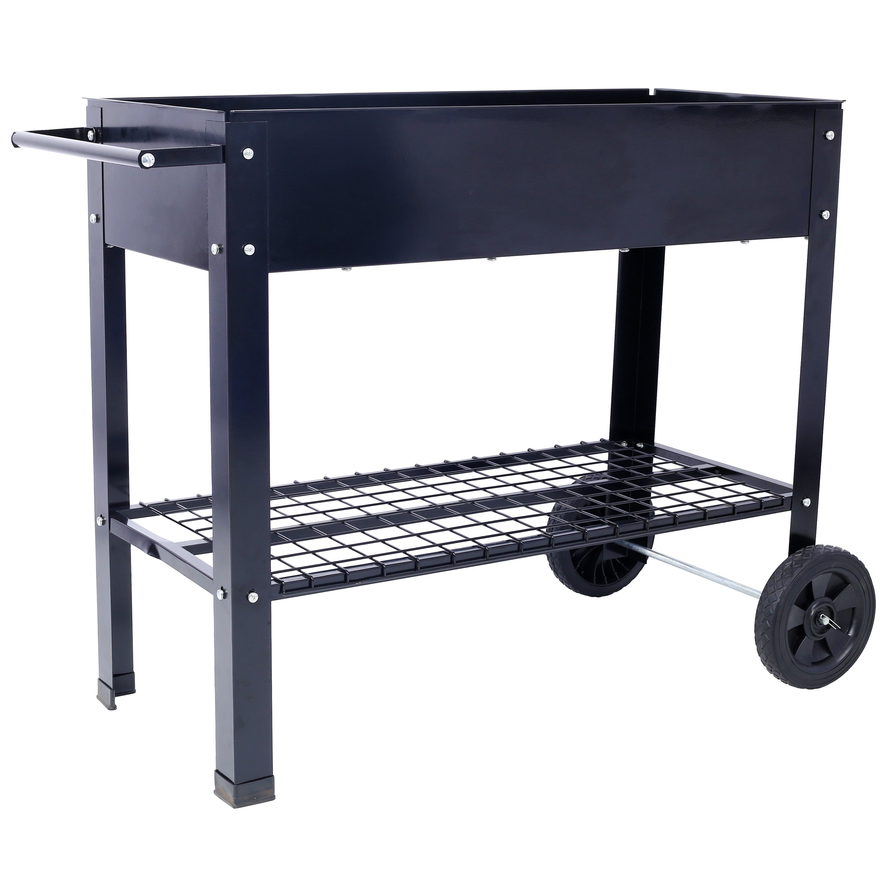 Products Elevated Mobile Raised Metal Planter Garden Bed for Backyard, Patio Wheels, Lower Shelf