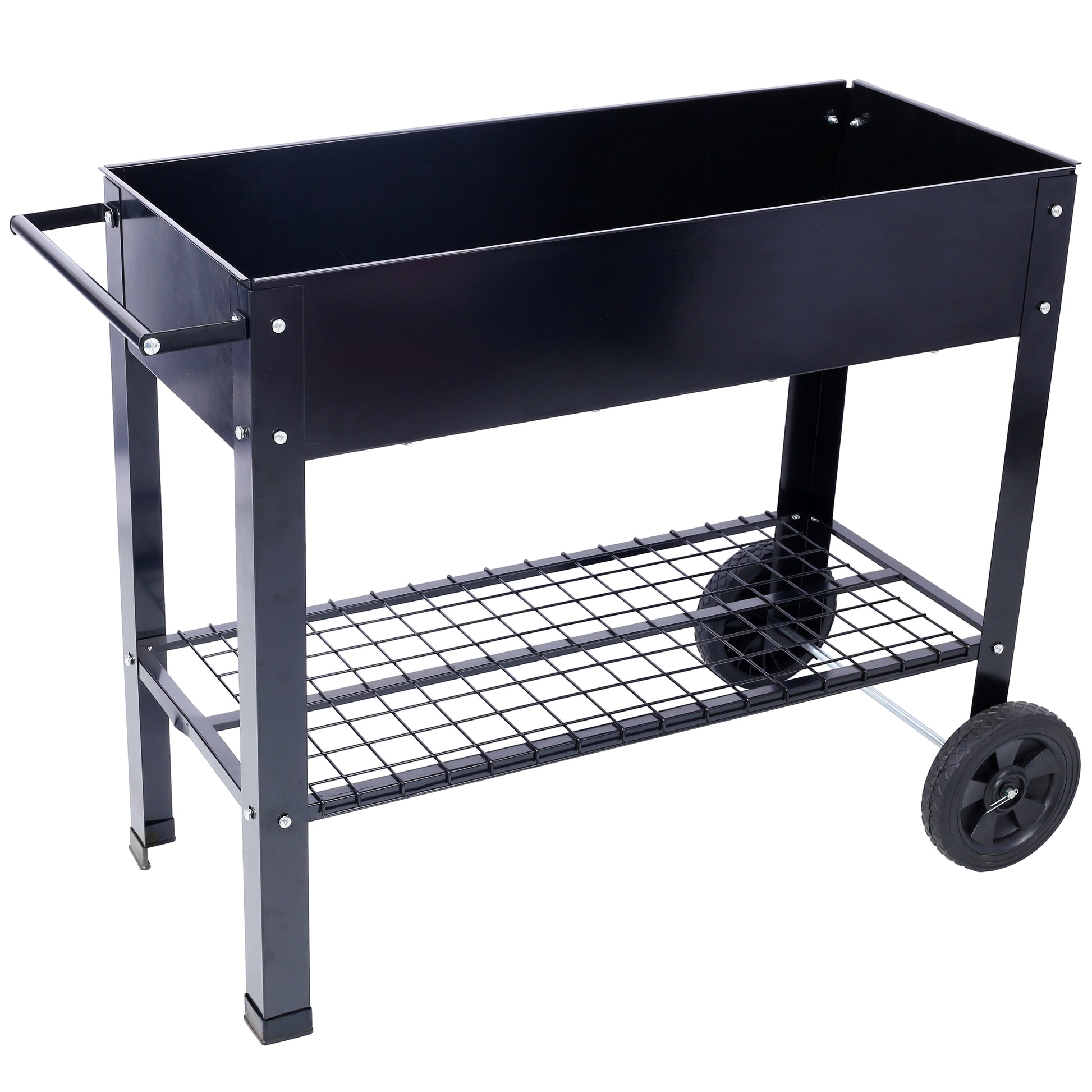Products Elevated Mobile Raised Metal Planter Garden Bed for Backyard, Patio Wheels, Lower Shelf