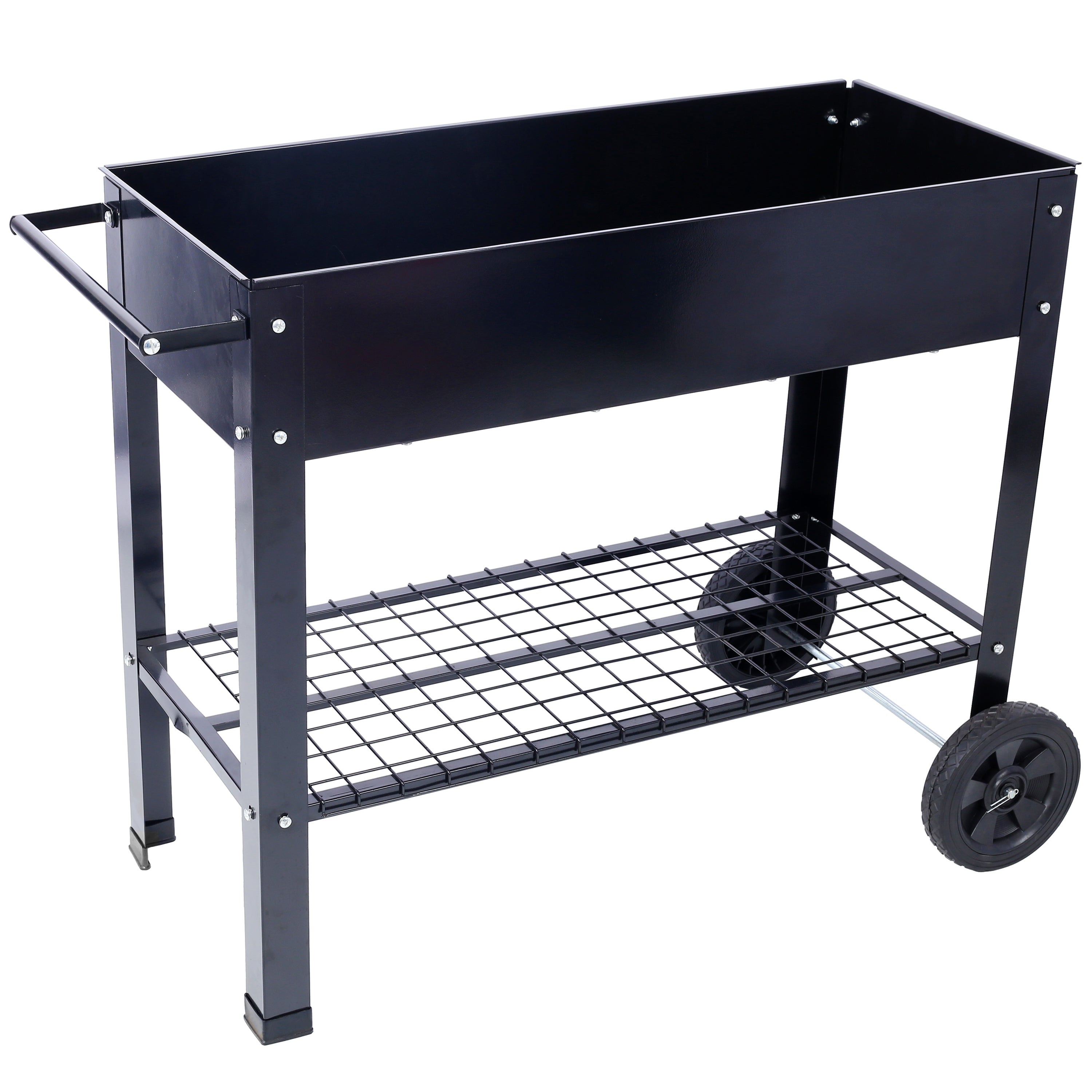 Products Elevated Mobile Raised Metal Planter Garden Bed for Backyard, Patio Wheels, Lower Shelf