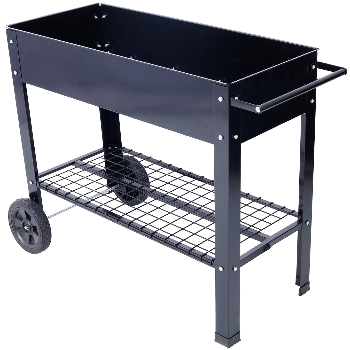 Products Elevated Mobile Raised Metal Planter Garden Bed for Backyard, Patio Wheels, Lower Shelf