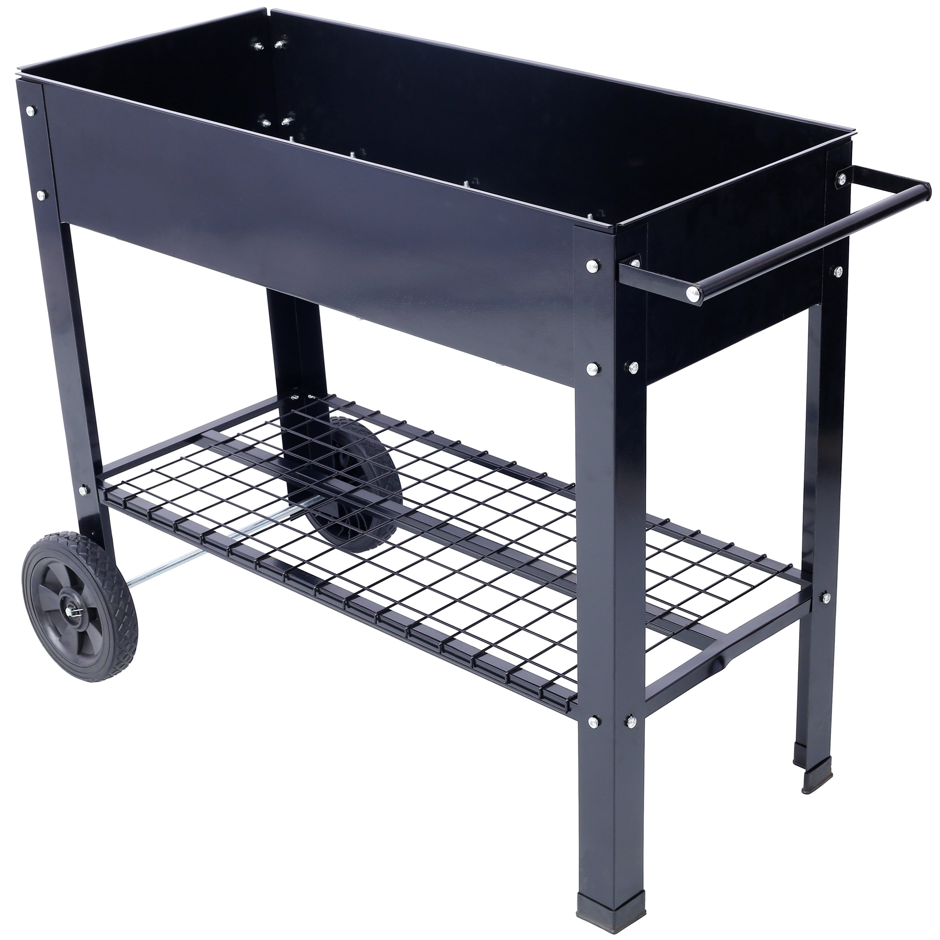 Products Elevated Mobile Raised Metal Planter Garden Bed for Backyard, Patio Wheels, Lower Shelf