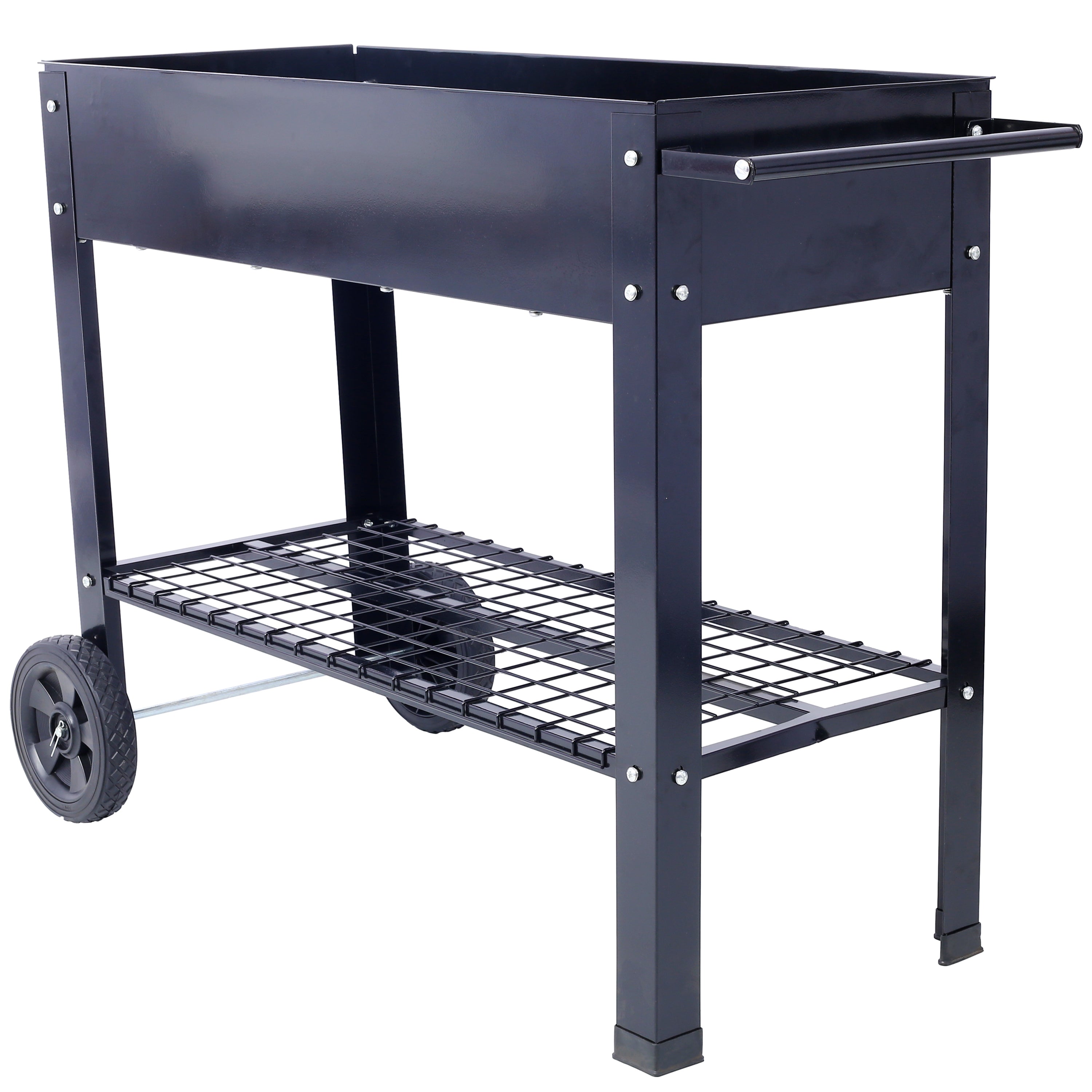 Products Elevated Mobile Raised Metal Planter Garden Bed for Backyard, Patio Wheels, Lower Shelf